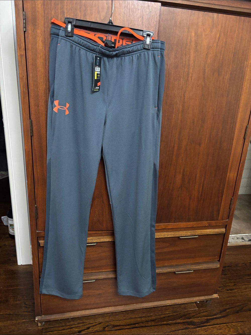 NWT Under Armour Gray Track Pants with Orange Logo